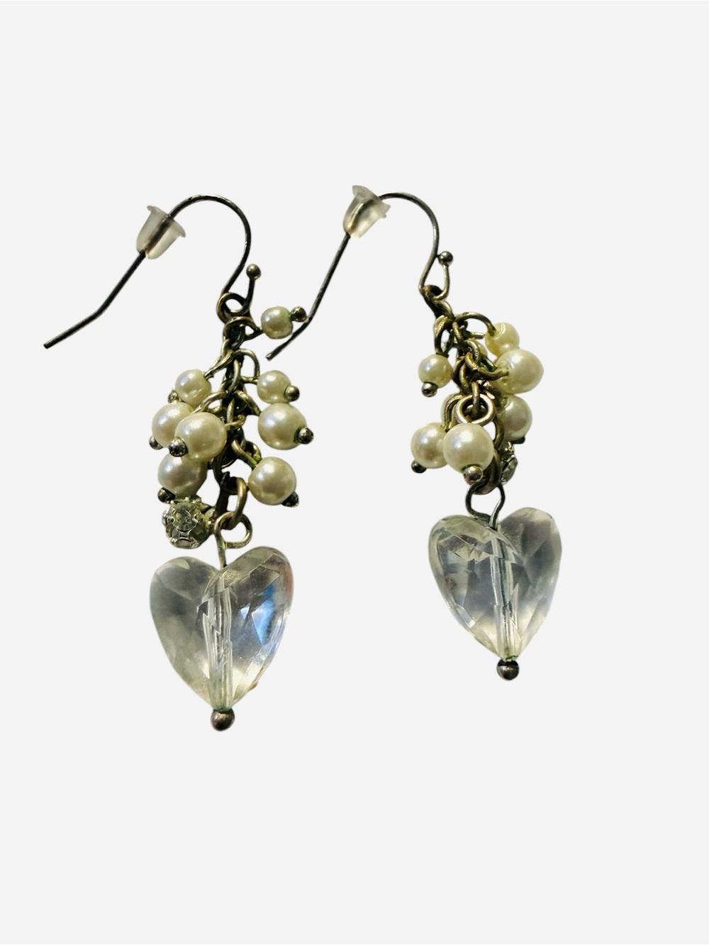 AE Vintage Pearl Cluster Heart Drop Earrings - Clear and Pearl Y2K